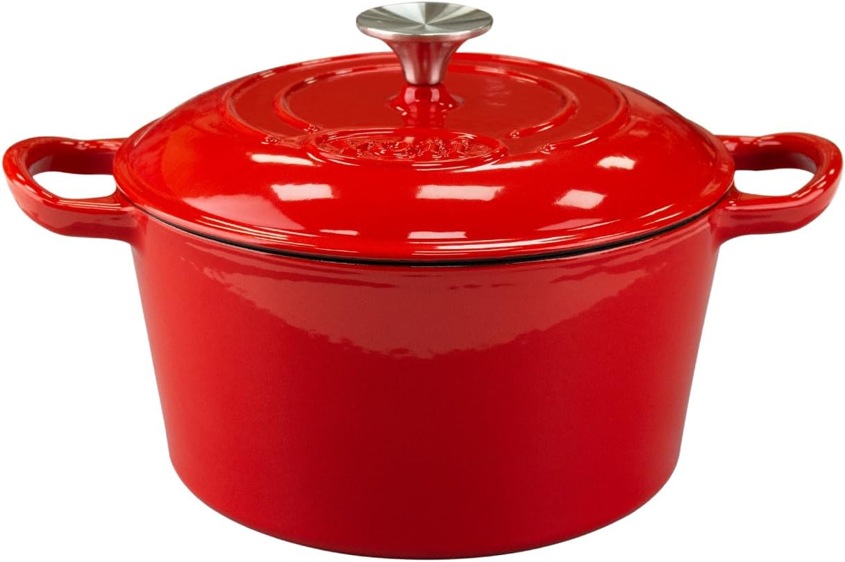4 Quart Enameled Cast Iron Dutch Oven with Lid – Dual Handles –Oven Safe up to 500° F – Sturdy Dutch Oven Cookware – Solid Red