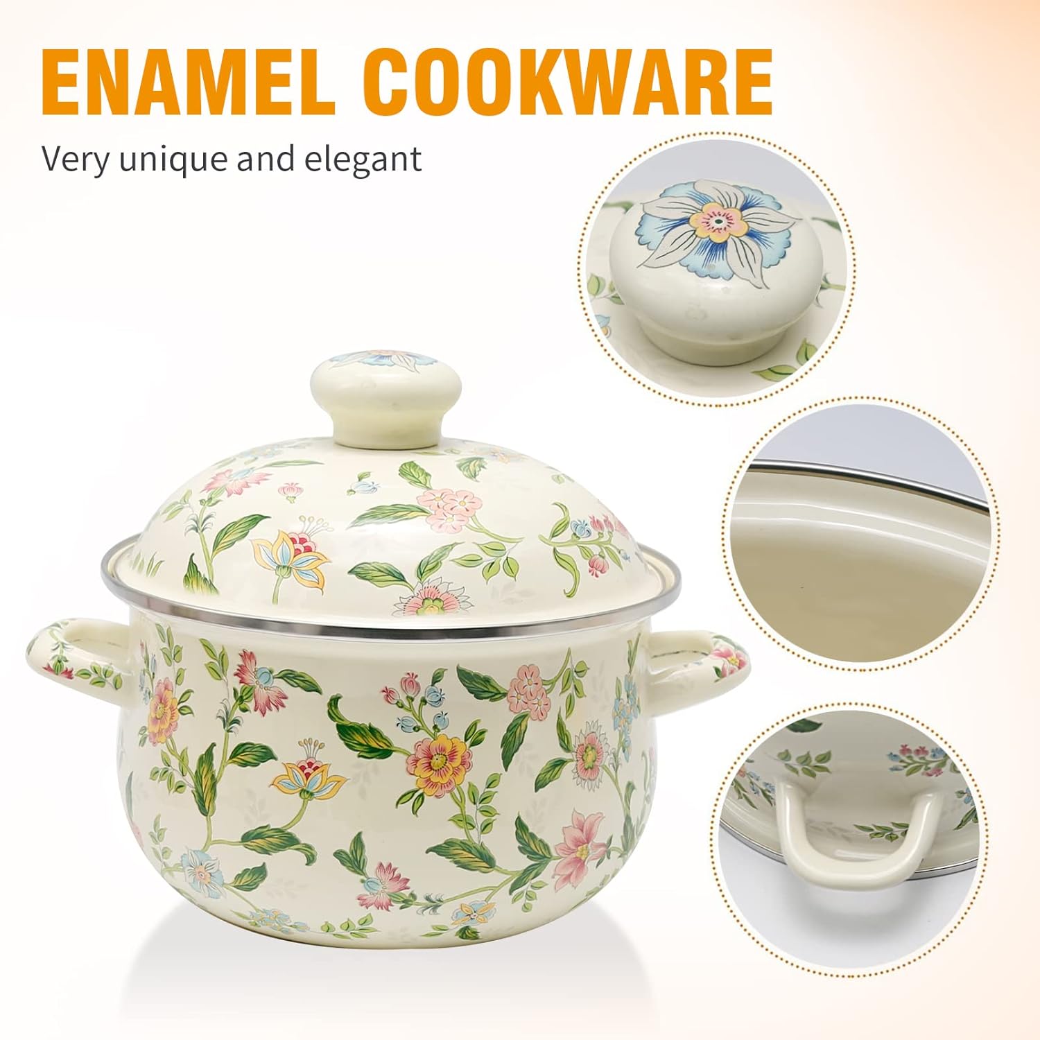 2.8 Qt Vintage Enamel Simmer Pot, Green Floral Enamel Stock Pot, Deep Vintage Cookware With Dural Handle for Stove Top, Ideal for 1-3 People