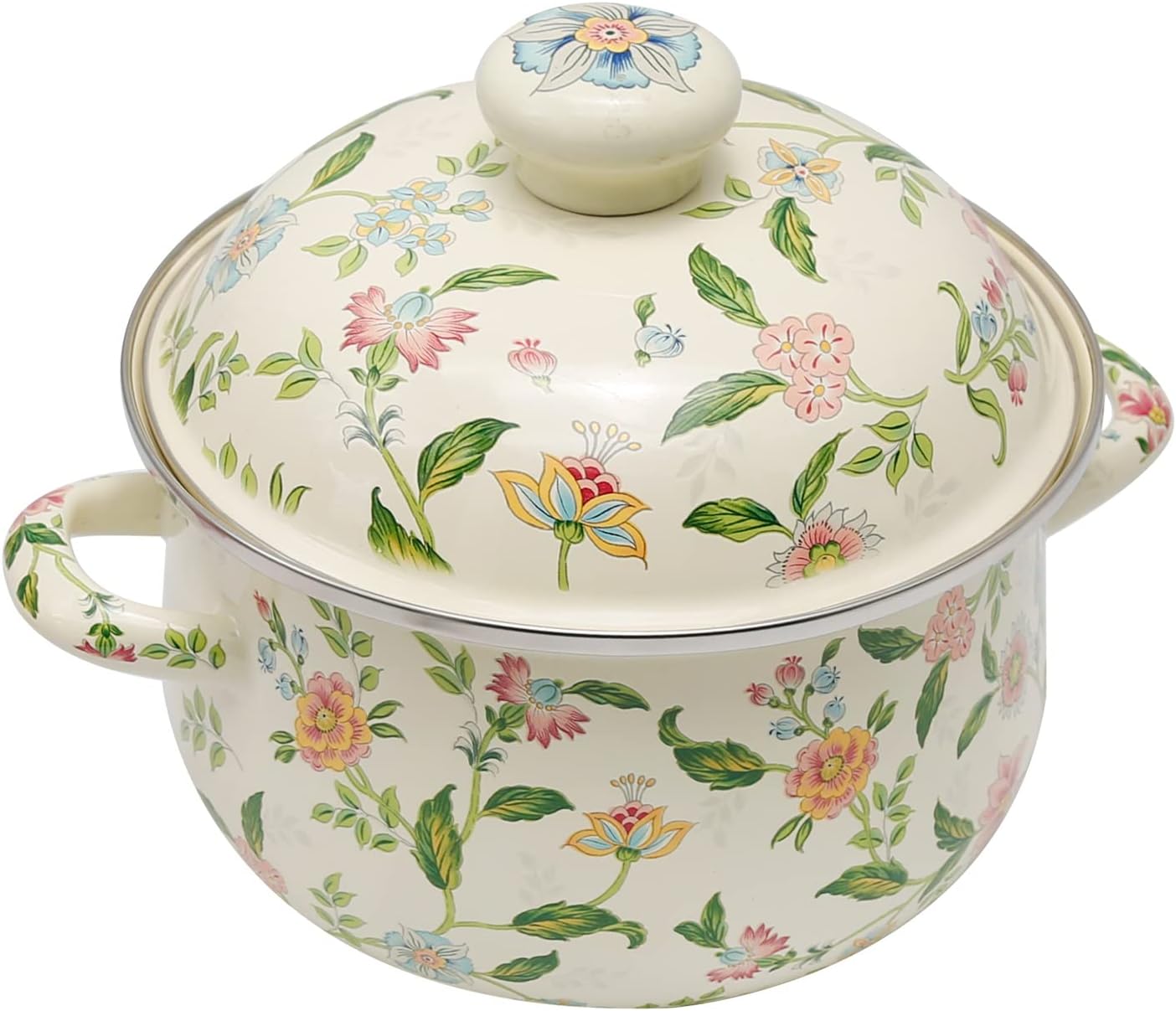 2.8 Qt Vintage Enamel Simmer Pot, Green Floral Enamel Stock Pot, Deep Vintage Cookware With Dural Handle for Stove Top, Ideal for 1-3 People