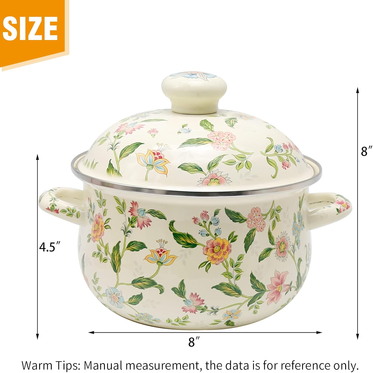 2.8 Qt Vintage Enamel Simmer Pot, Green Floral Enamel Stock Pot, Deep Vintage Cookware With Dural Handle for Stove Top, Ideal for 1-3 People