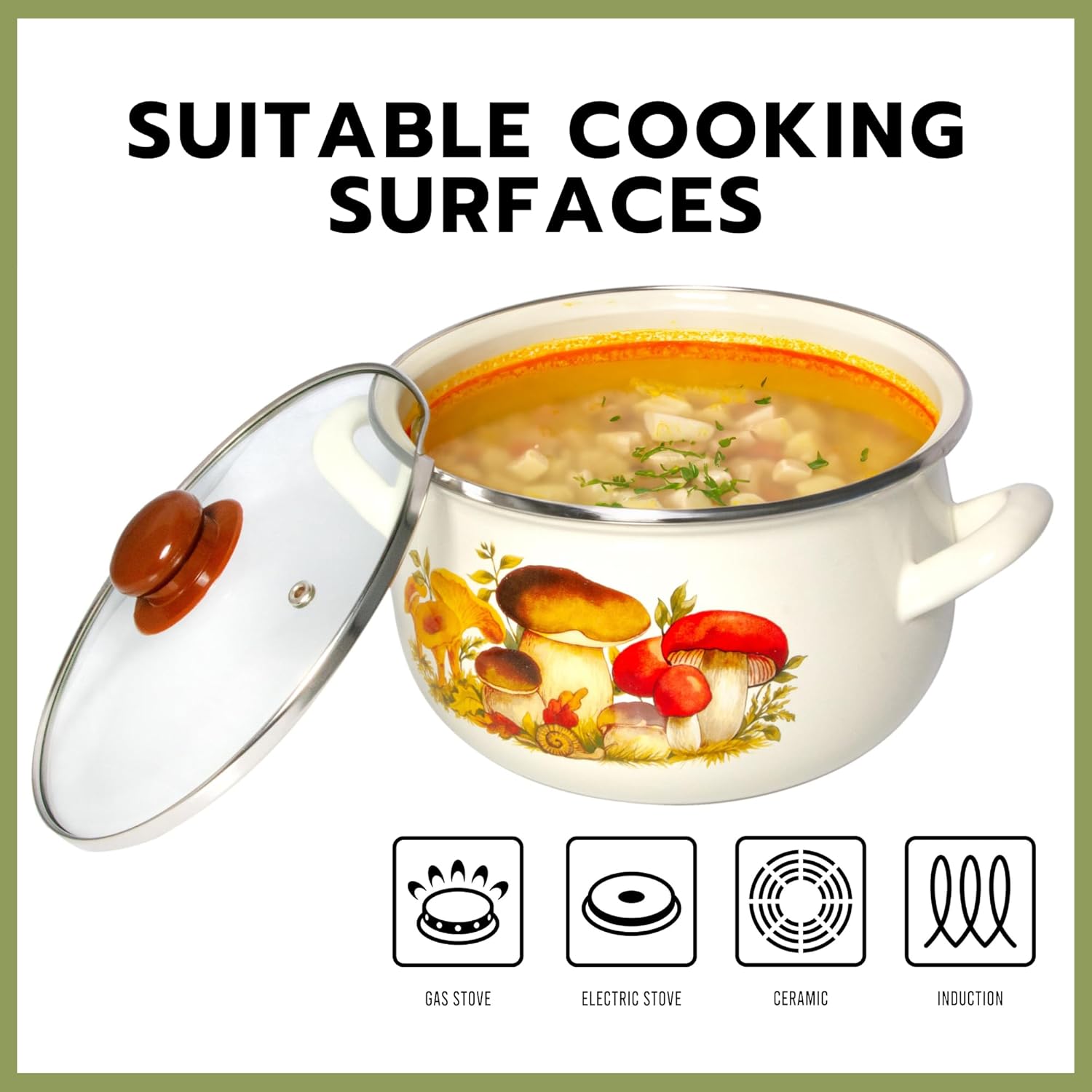 Enameled Aluminum Soup Pot Mushrooms Belly Deep Casserole Cooking Pot with Glass Lid Enameled Camping Cookware Camping Stockpot for Cooking (6.55-qt. (6.2 L))