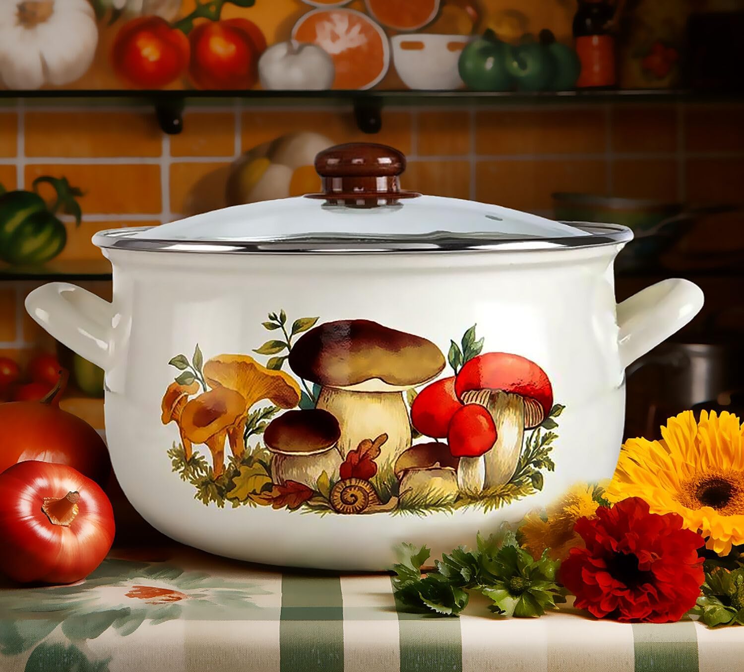 Enameled Aluminum Soup Pot Mushrooms Belly Deep Casserole Cooking Pot with Glass Lid Enameled Camping Cookware Camping Stockpot for Cooking (6.55-qt. (6.2 L))