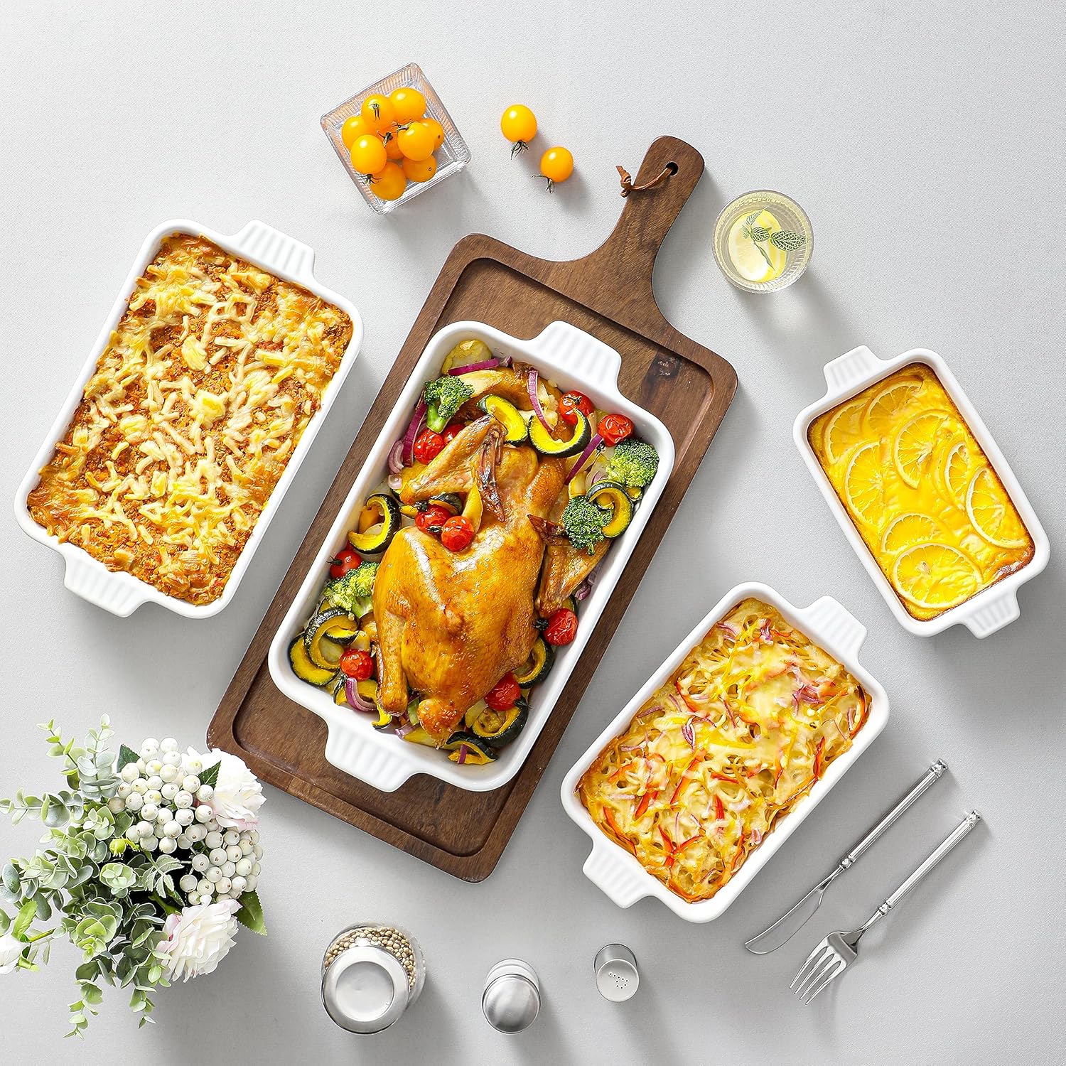 Casserole Dishes for Oven, Porcelain Baking Dishes, Ceramic Bakeware Sets of 4, Rectangular Lasagna Pans Deep with Handles for Baking Cake Kitchen, White (9.4"/11.1"/12.2"/14.7"), Series