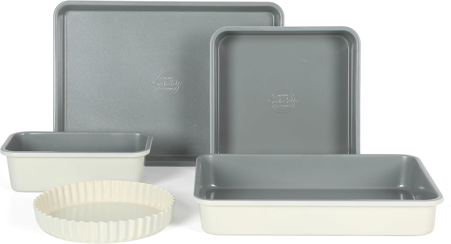 Kitchen Essential Carbon Steel Baking Pans Bakeware Set W/Premium PFA Free Grey Ceramic Non stick - Linen White Exterior
