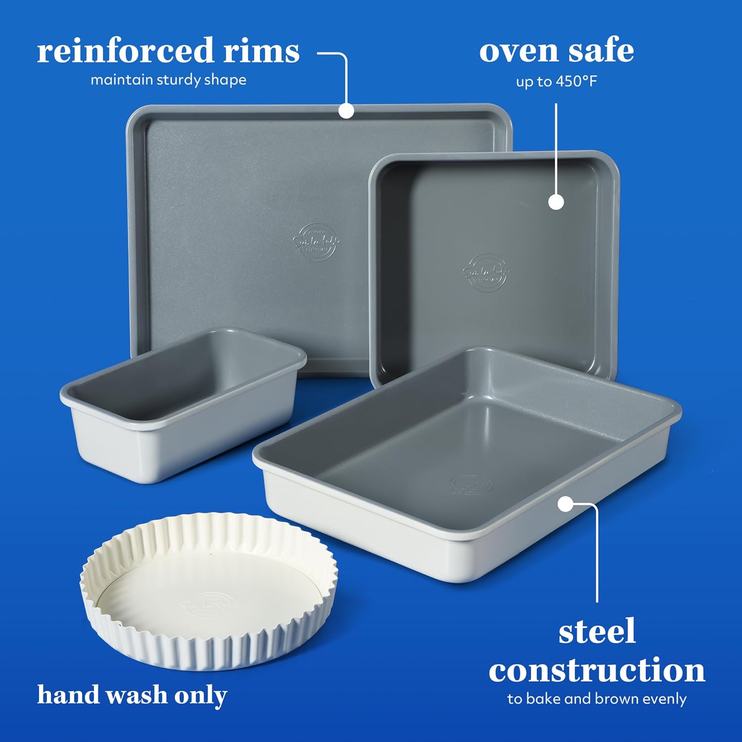 Kitchen Essential Carbon Steel Baking Pans Bakeware Set W/Premium PFA Free Grey Ceramic Non stick - Linen White Exterior
