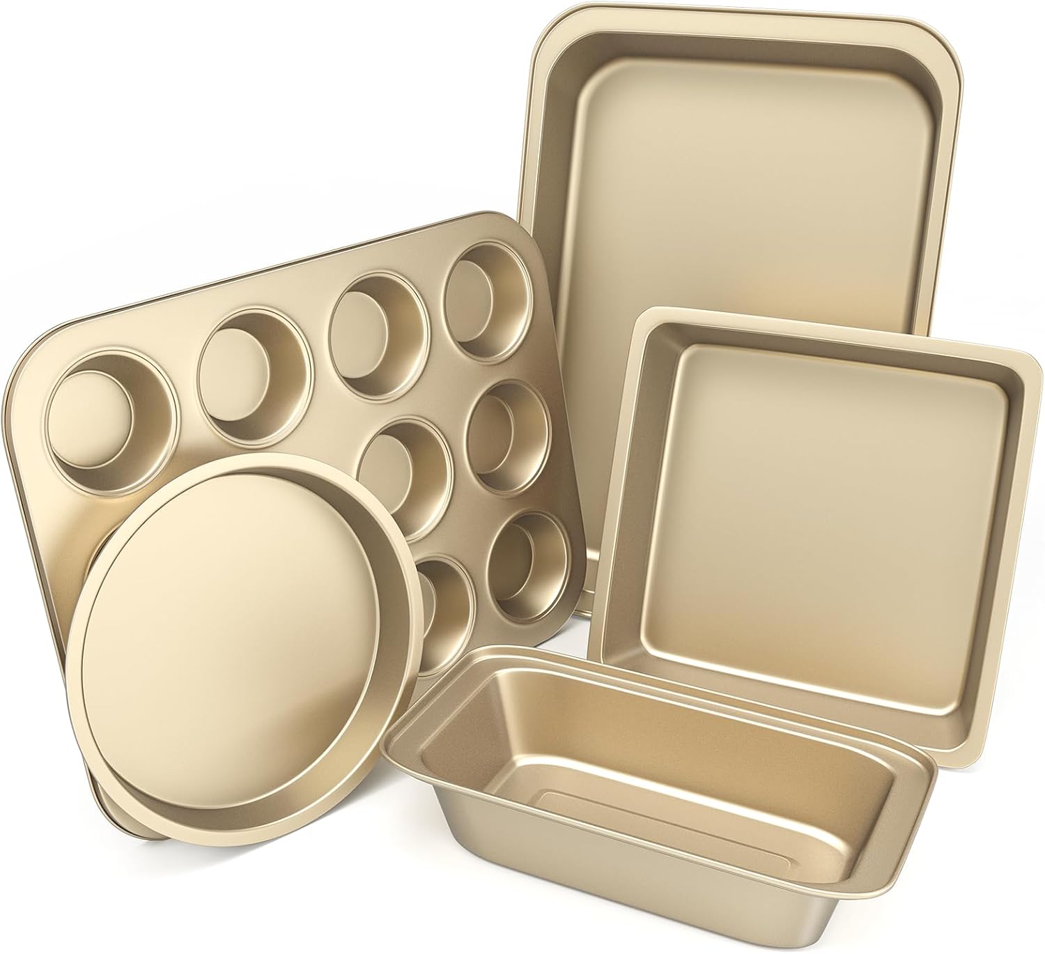 Baking Pans Set, 5-Piece Nonstick Bakeware Sets with Round/Square Cake Pan, Muffin Pan, Loaf Pan, Roast Pan, Baking Sheets for Oven, Kitchen Cookware Sets Baking Tray Baking Supplies,Gold