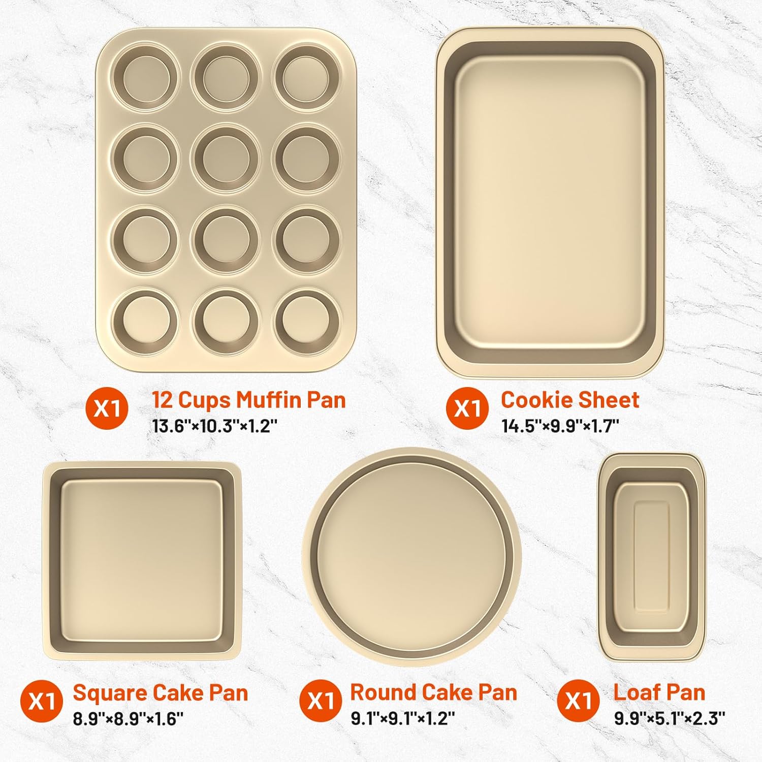Baking Pans Set, 5-Piece Nonstick Bakeware Sets with Round/Square Cake Pan, Muffin Pan, Loaf Pan, Roast Pan, Baking Sheets for Oven, Kitchen Cookware Sets Baking Tray Baking Supplies,Gold