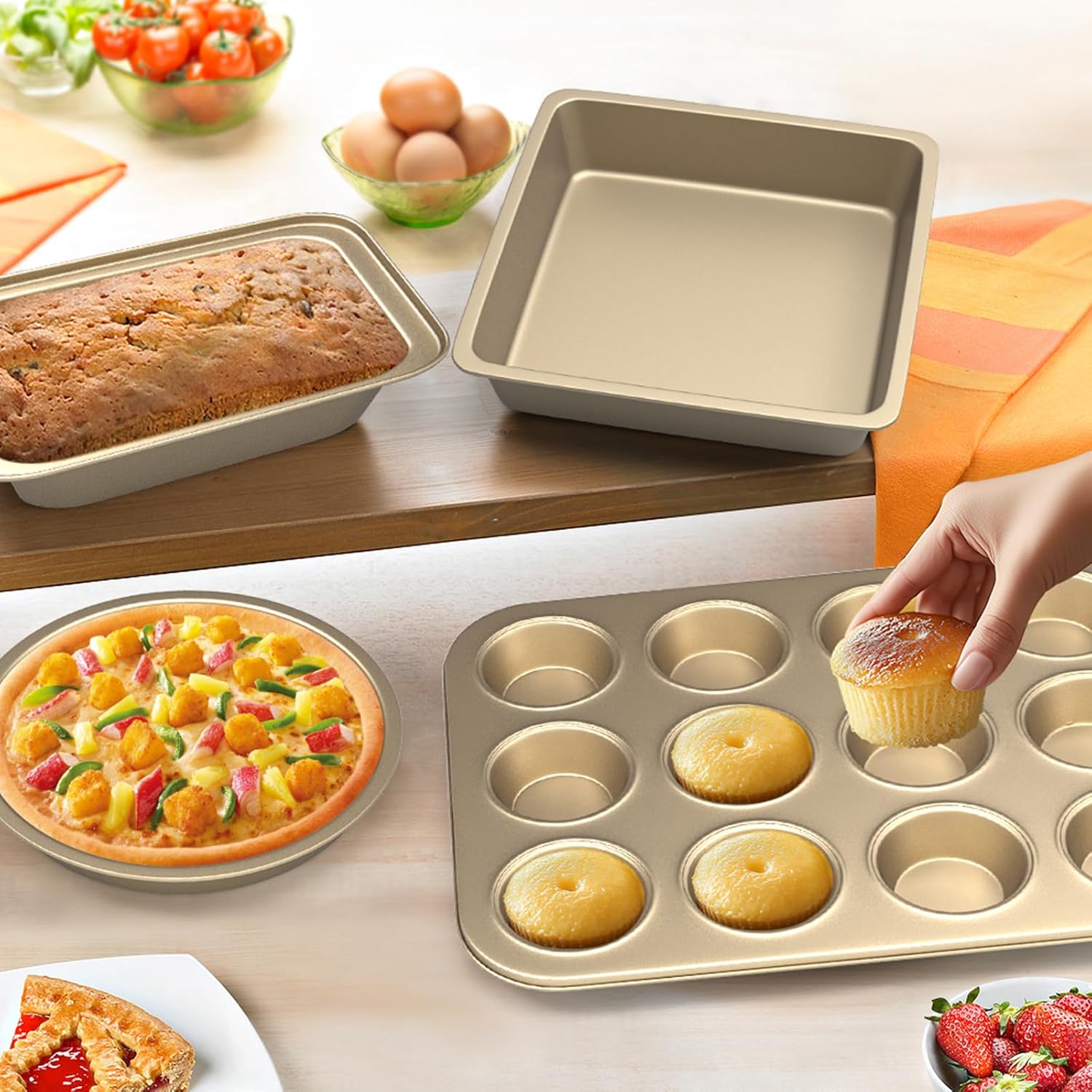 Baking Pans Set, 5-Piece Nonstick Bakeware Sets with Round/Square Cake Pan, Muffin Pan, Loaf Pan, Roast Pan, Baking Sheets for Oven, Kitchen Cookware Sets Baking Tray Baking Supplies,Gold