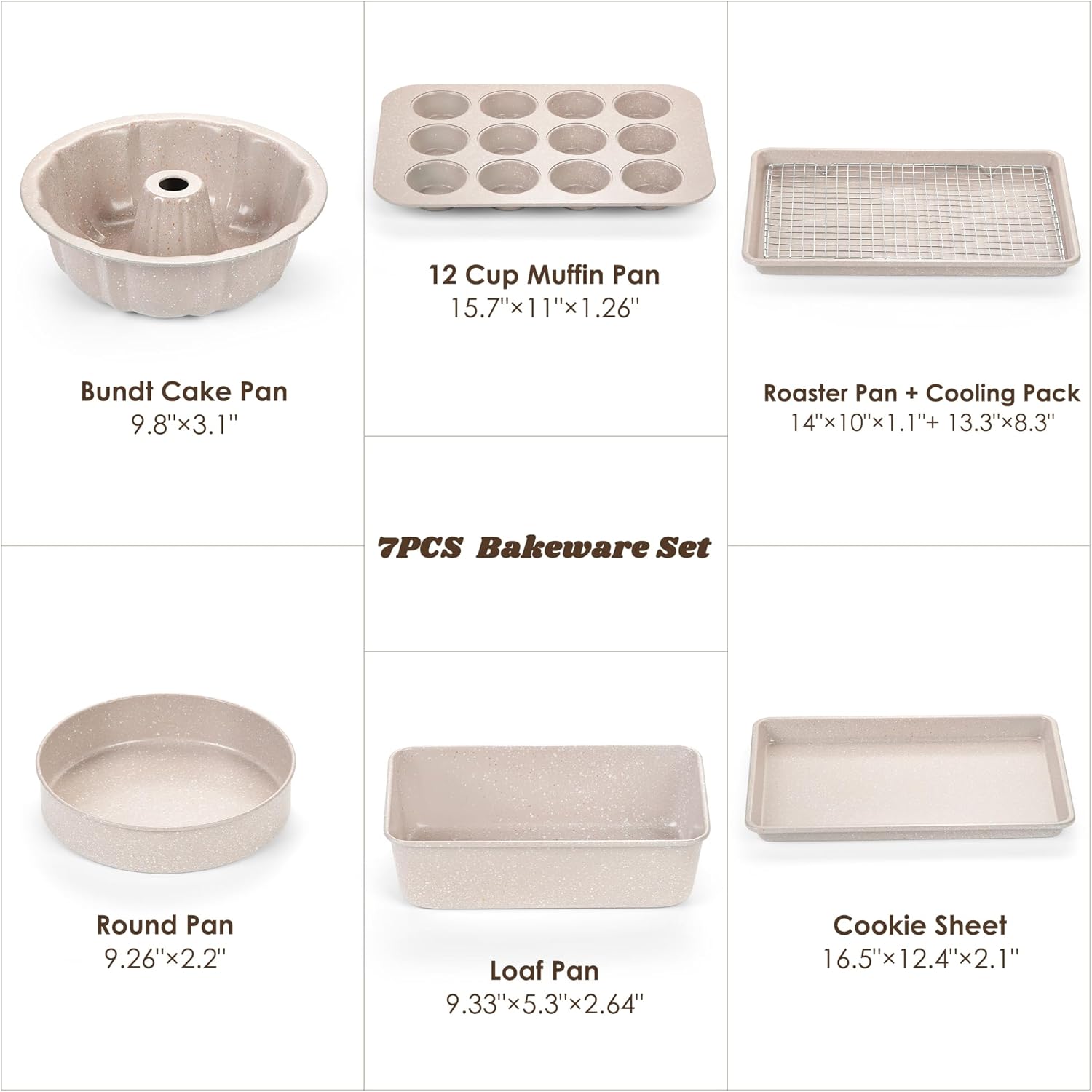 Nonstick Bakeware Set - 7 Piece Oven Bakeware With Cookie Sheet, Cake Pan, Loaf Pan, Muffin Pan, Roaster, Cooling Rack - PTFE & PFOA Free Baking Supplies