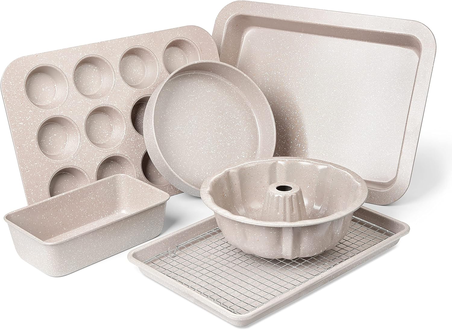 Nonstick Bakeware Set - 7 Piece Oven Bakeware With Cookie Sheet, Cake Pan, Loaf Pan, Muffin Pan, Roaster, Cooling Rack - PTFE & PFOA Free Baking Supplies