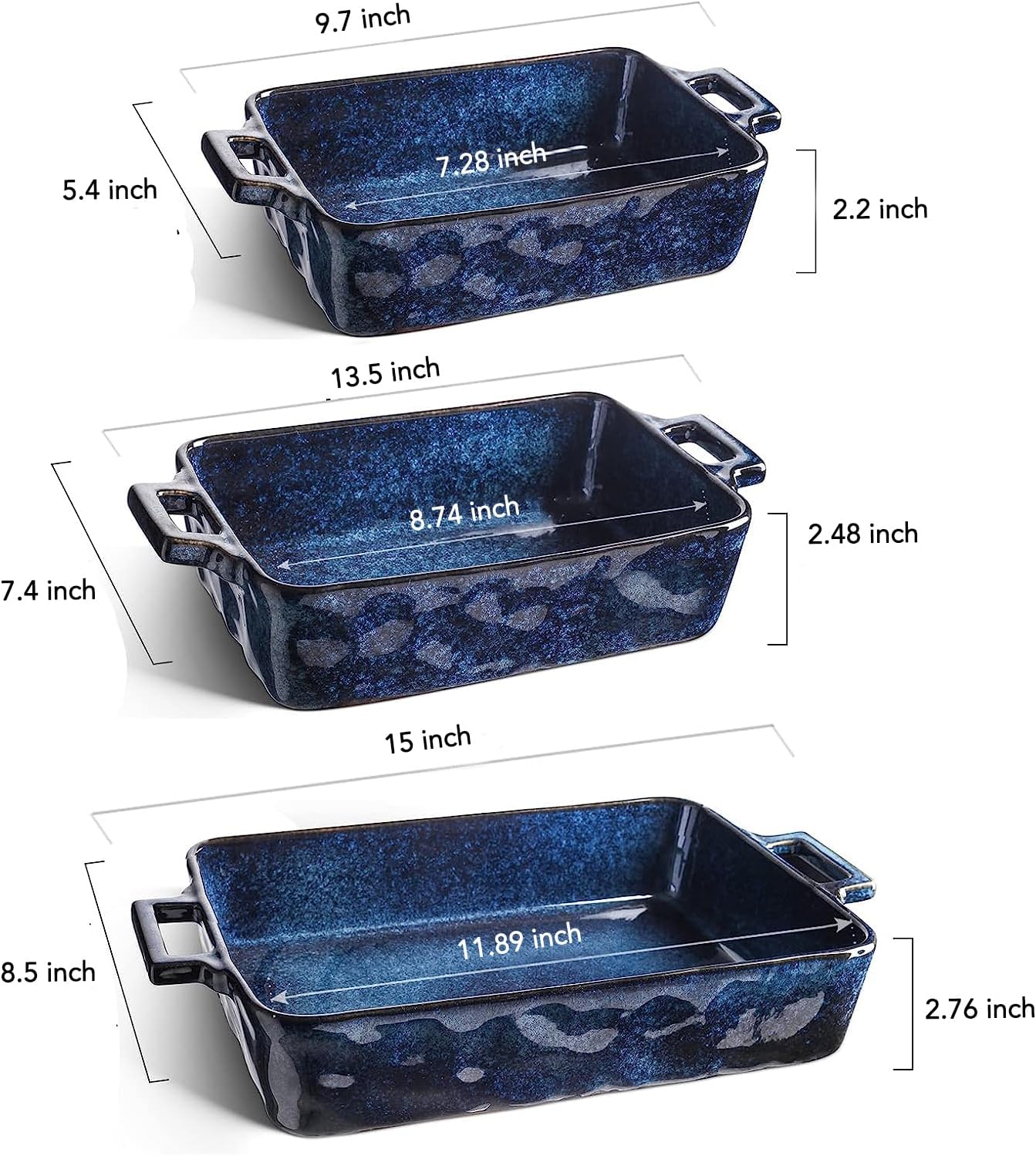 Ceramic Bakeware Set, Porcelain Rectangular Lasagna Pans Casserole Dish Set for Baking, Cooking, Kitchen, Cake Dinner, Banquet and Daily Use, 3 PCS, 15 x 8.5 Inches(Blue)