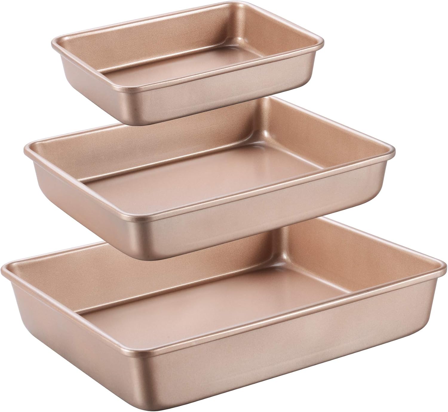 Deep Baking Pans Sets Nonstick,Baking Sheets for Oven,Bakeware Rectangular Cake Pan Set,3 Piece,Gold