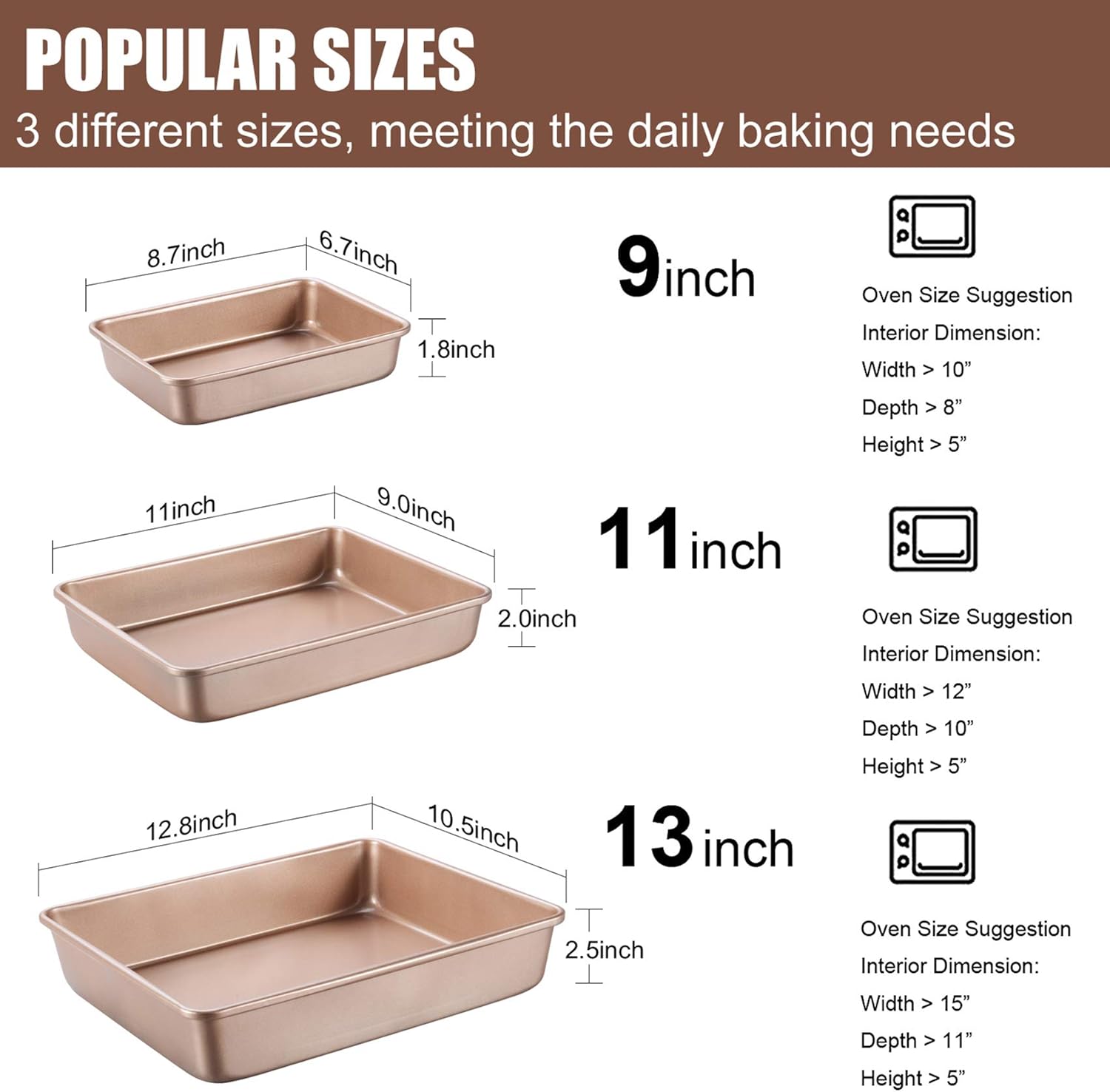 Deep Baking Pans Sets Nonstick,Baking Sheets for Oven,Bakeware Rectangular Cake Pan Set,3 Piece,Gold