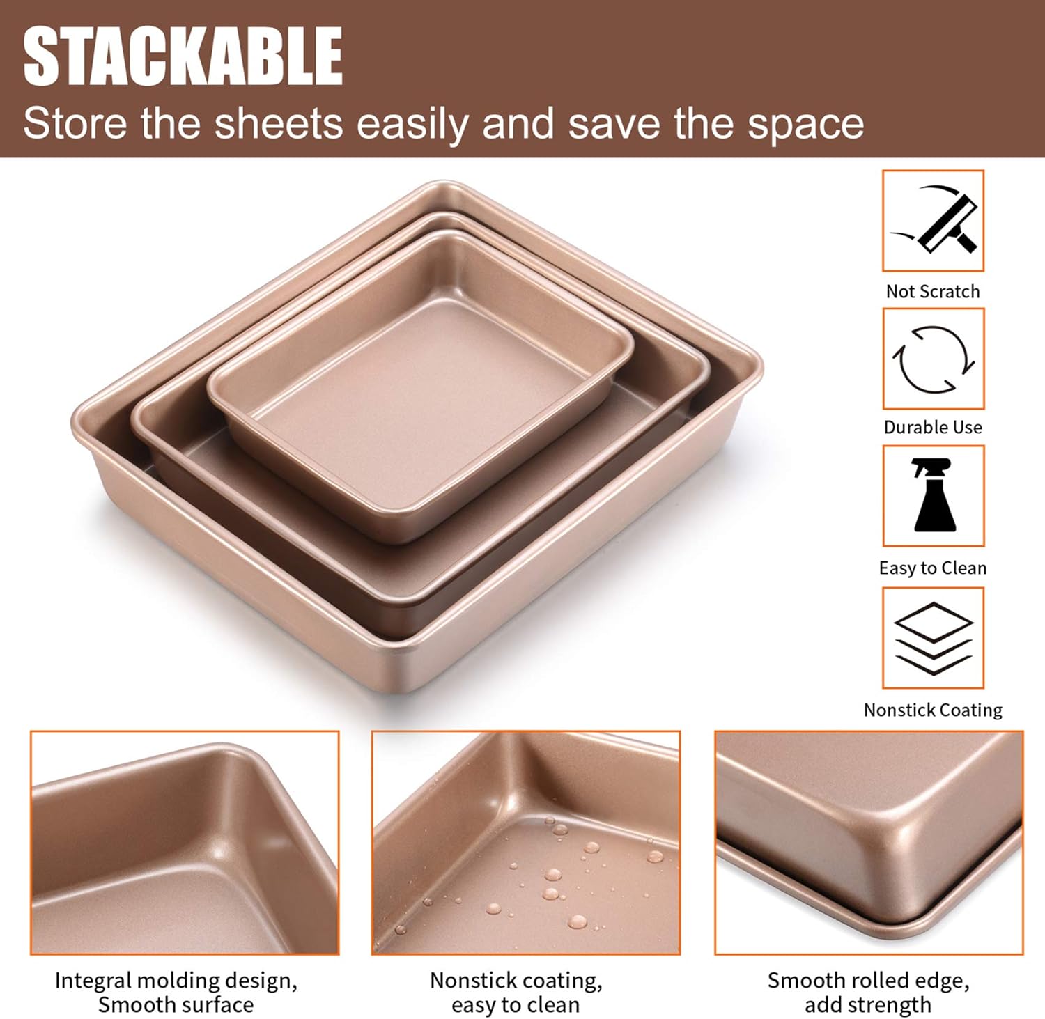 Deep Baking Pans Sets Nonstick,Baking Sheets for Oven,Bakeware Rectangular Cake Pan Set,3 Piece,Gold