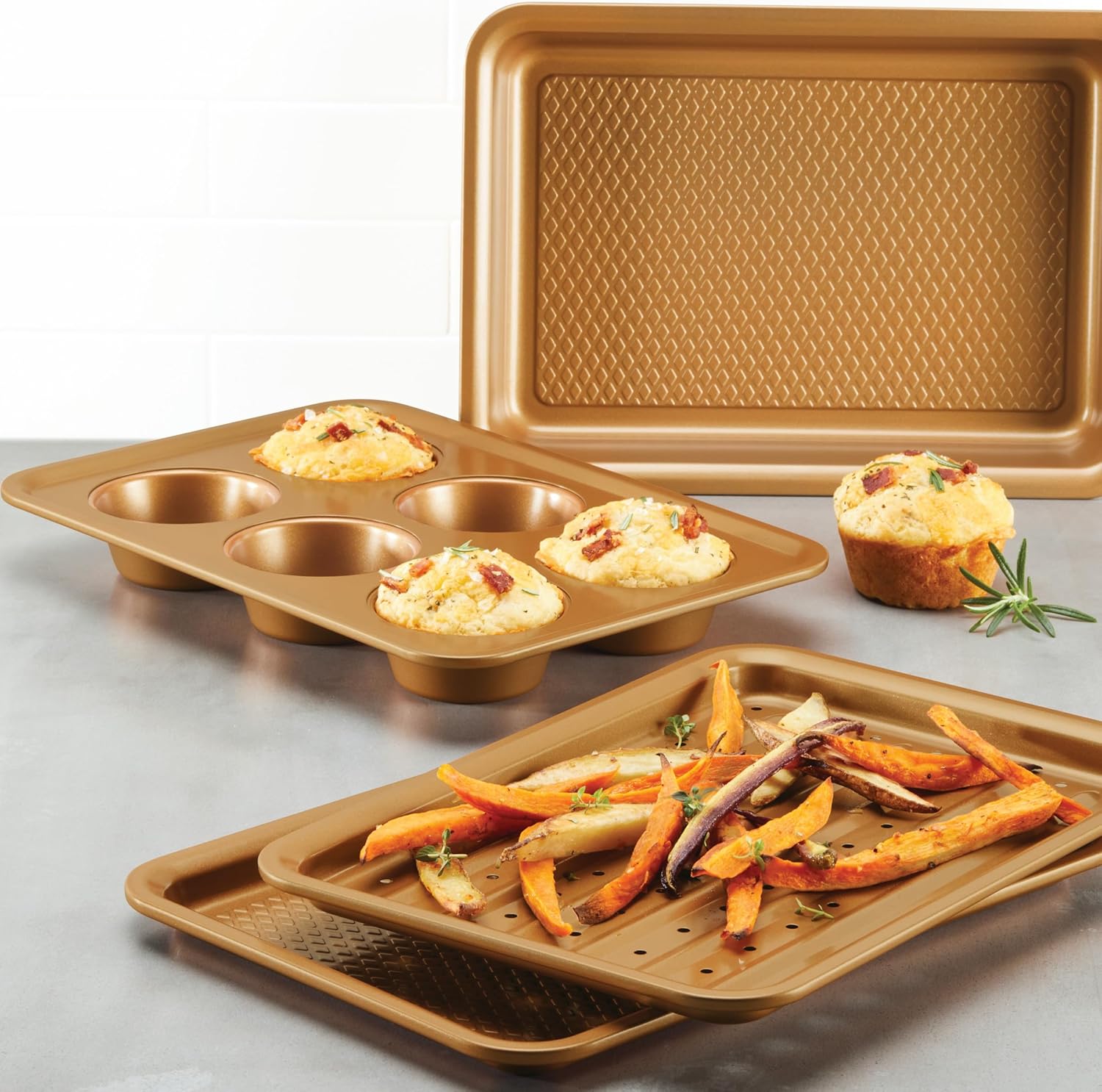 Curry Nonstick Bakeware Toaster Oven Set with Nonstick Baking Pan, Cookie Sheet / Baking Sheet and Muffin Pan / Cupcake Pan - 4 Piece, Copper Brown