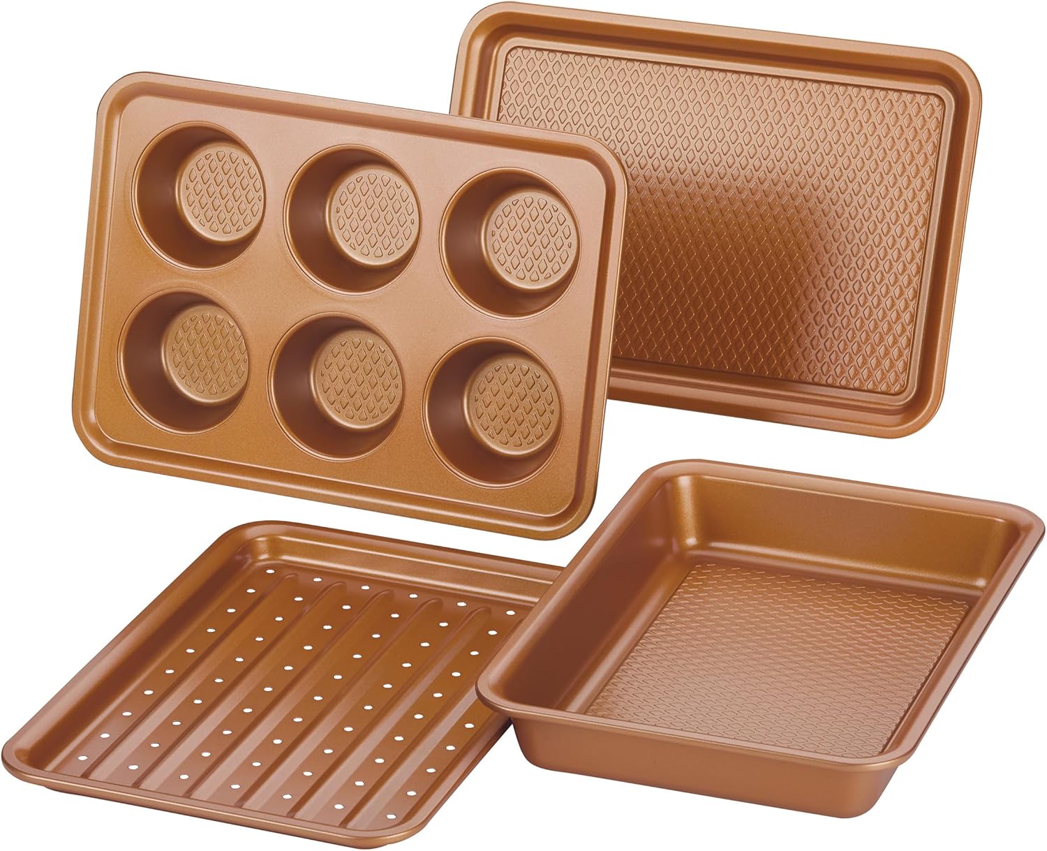 Curry Nonstick Bakeware Toaster Oven Set with Nonstick Baking Pan, Cookie Sheet / Baking Sheet and Muffin Pan / Cupcake Pan - 4 Piece, Copper Brown