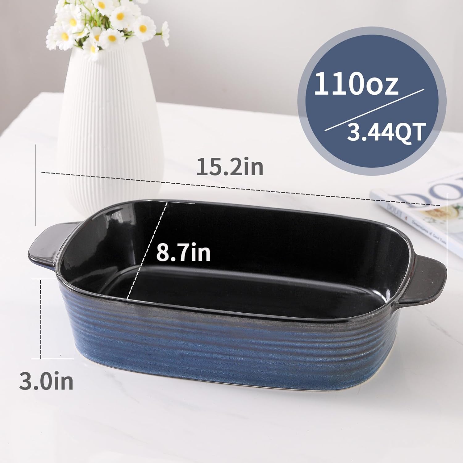 Casserole Dish for Oven, Ceramic Bakeware Pan Baking Dish with Handle, Not-Stick Lasagna Pan Deep, 15x8.7 Inch Durable & Oven Safe Pan for Baking, Cooking, Cake Dinner, Blue(3.4 Qt)