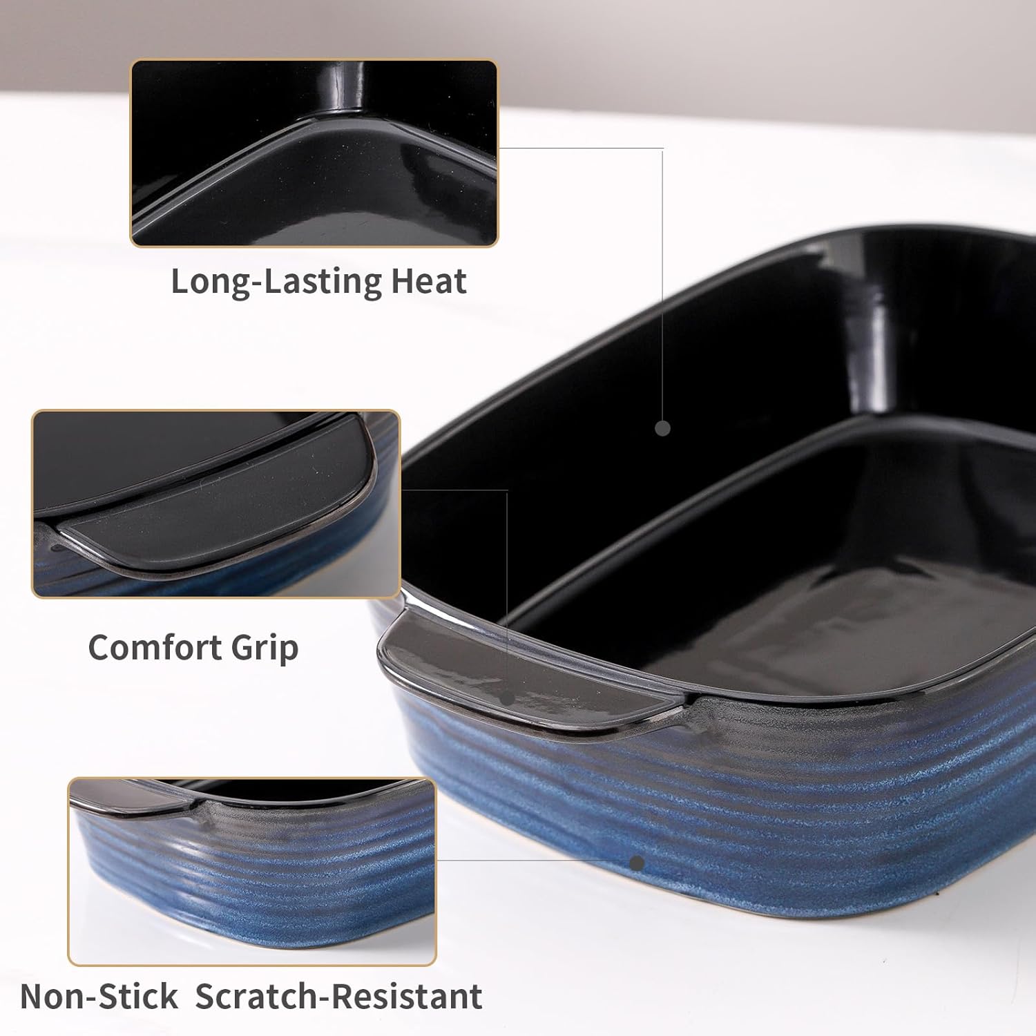 Casserole Dish for Oven, Ceramic Bakeware Pan Baking Dish with Handle, Not-Stick Lasagna Pan Deep, 15x8.7 Inch Durable & Oven Safe Pan for Baking, Cooking, Cake Dinner, Blue(3.4 Qt)
