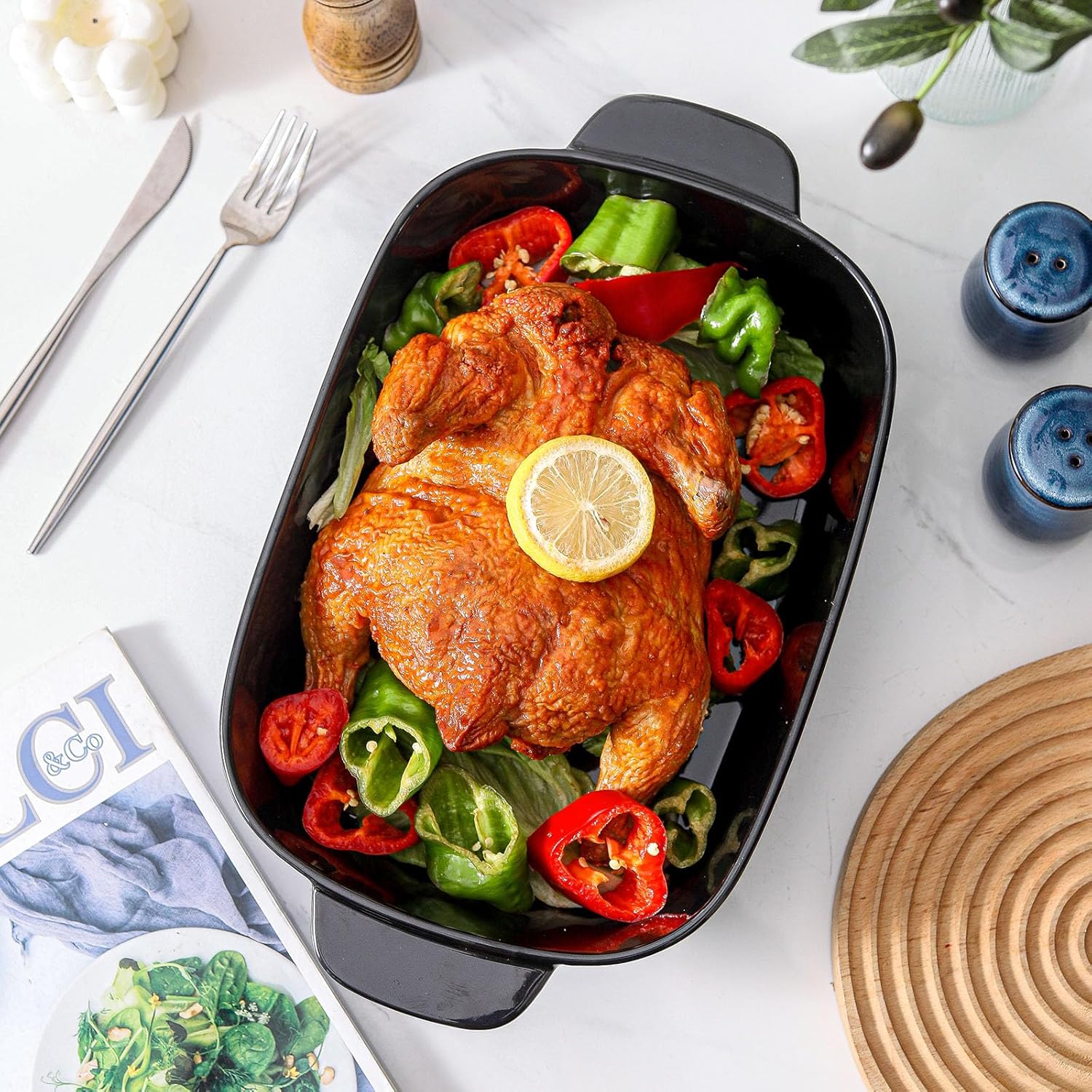 Casserole Dish for Oven, Ceramic Bakeware Pan Baking Dish with Handle, Not-Stick Lasagna Pan Deep, 15x8.7 Inch Durable & Oven Safe Pan for Baking, Cooking, Cake Dinner, Blue(3.4 Qt)