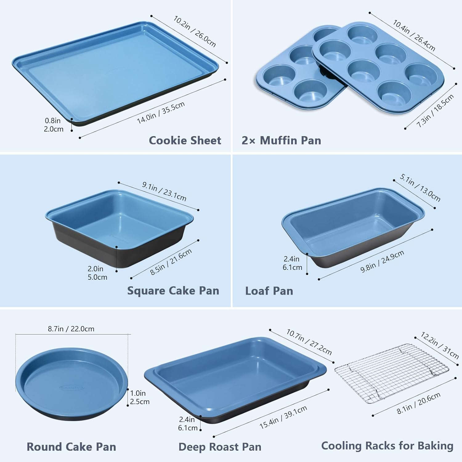 Baking Pans Set with Nonstick Coating - UltraThick Professional 8-Piece Bi-Color Pans including Cookie Sheet, Muffin, Cake Pans, and Cooling Rack - Dishwasher Safe, Heavy Duty
