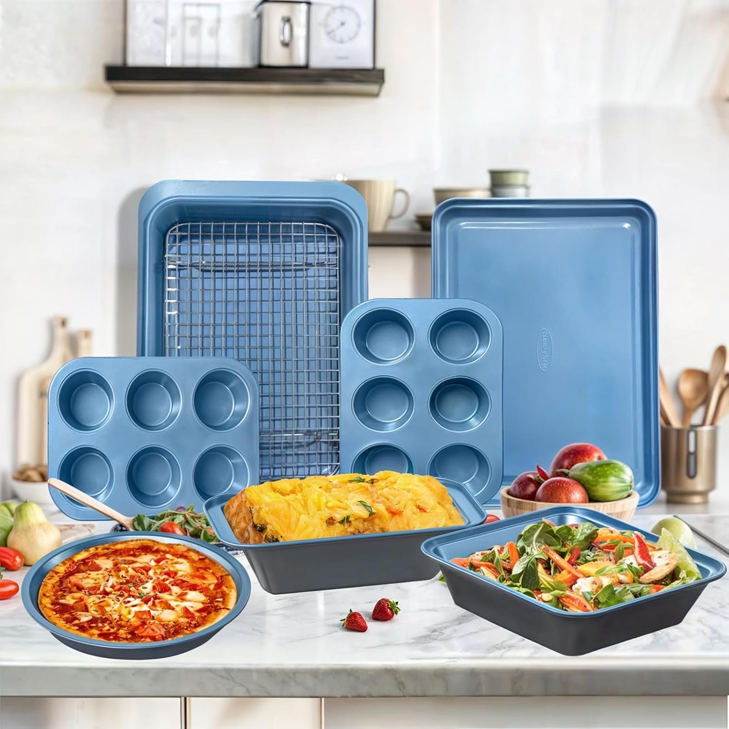 Baking Pans Set with Nonstick Coating - UltraThick Professional 8-Piece Bi-Color Pans including Cookie Sheet, Muffin, Cake Pans, and Cooling Rack - Dishwasher Safe, Heavy Duty