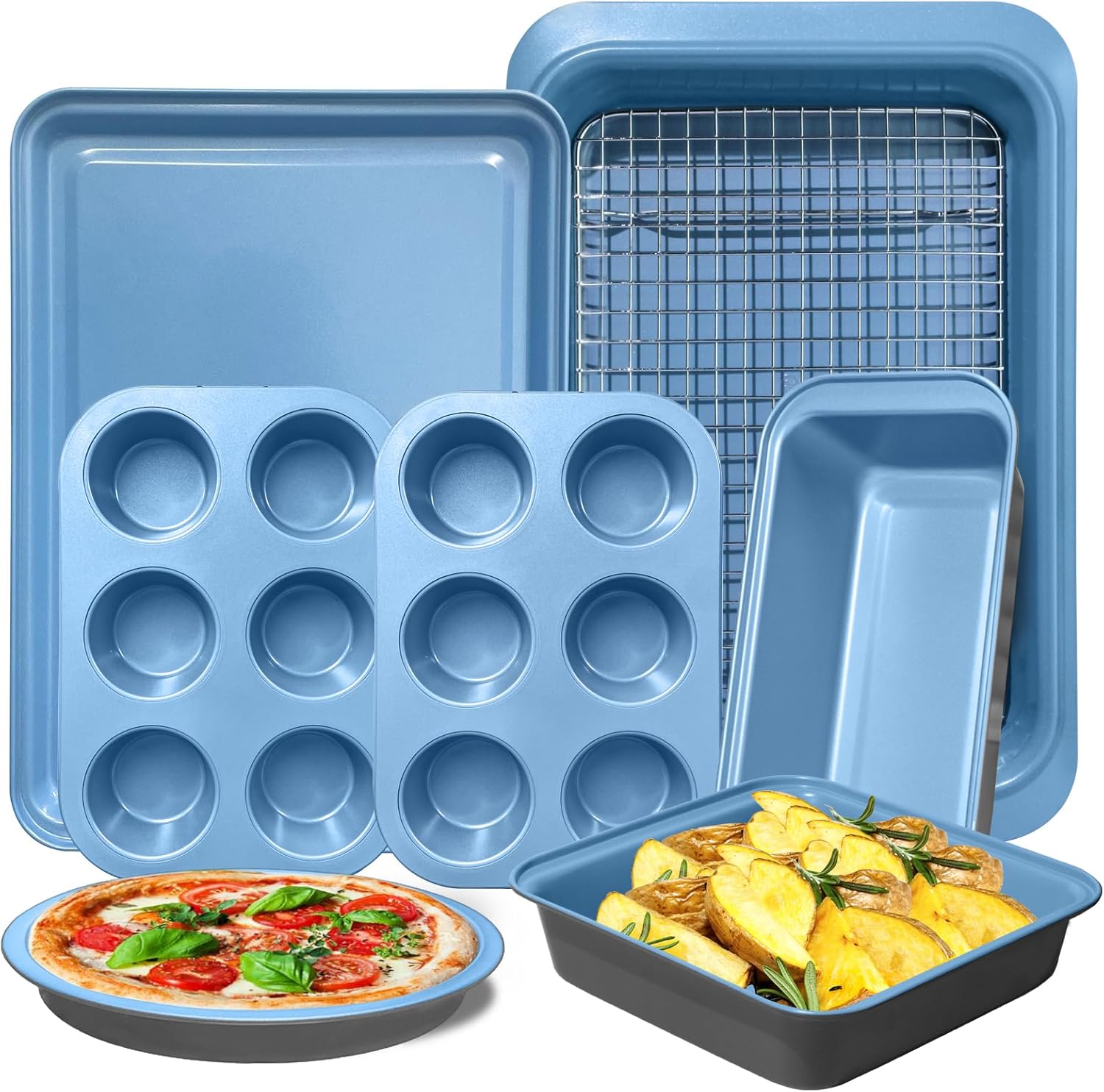 Baking Pans Set with Nonstick Coating - UltraThick Professional 8-Piece Bi-Color Pans including Cookie Sheet, Muffin, Cake Pans, and Cooling Rack - Dishwasher Safe, Heavy Duty