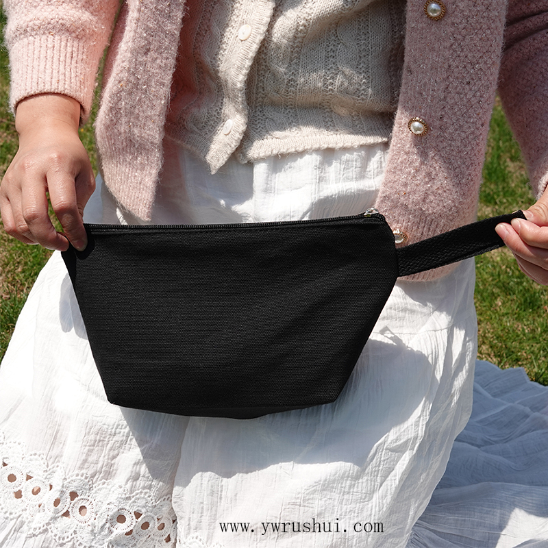 Heavy Duty 16oz Black Cotton Canvas Cosmetics Bags with Wrist Handle Ear  