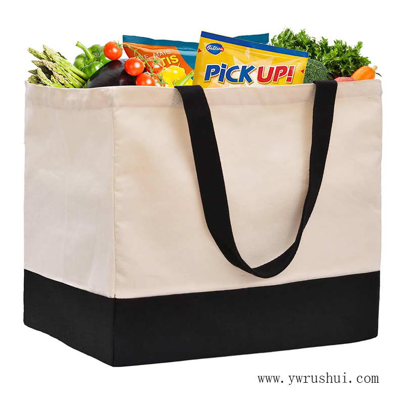 Large 14oz Black & Natural Cotton Shopping Bag with 5 Pockets 