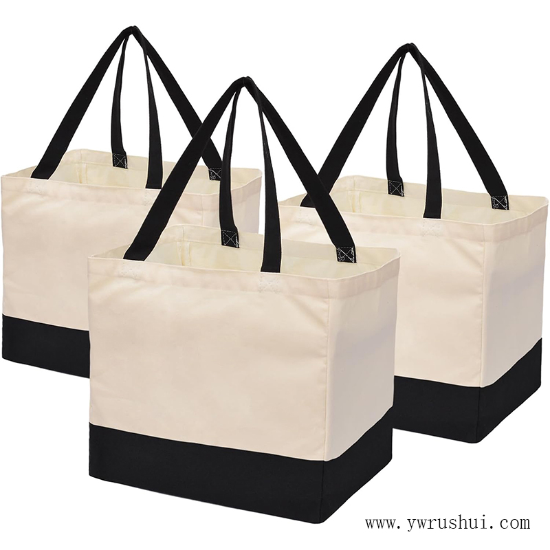 Large 14oz Black & Natural Cotton Shopping Bag with 5 Pockets 