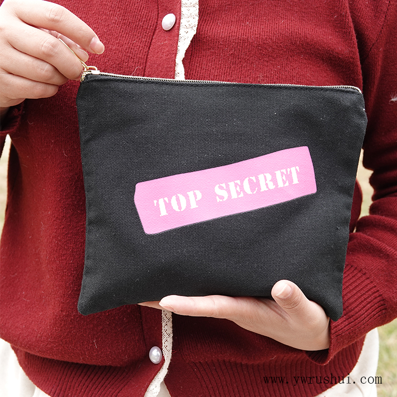12oz Black Cotton Canvas Makeup Bag with Gold Zip Closure 