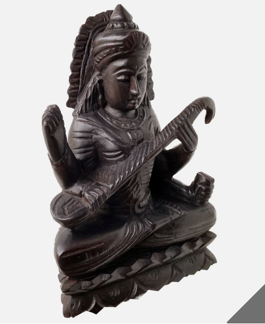 Hand-carved Mahogany Wooden Goddess Saraswati Statue