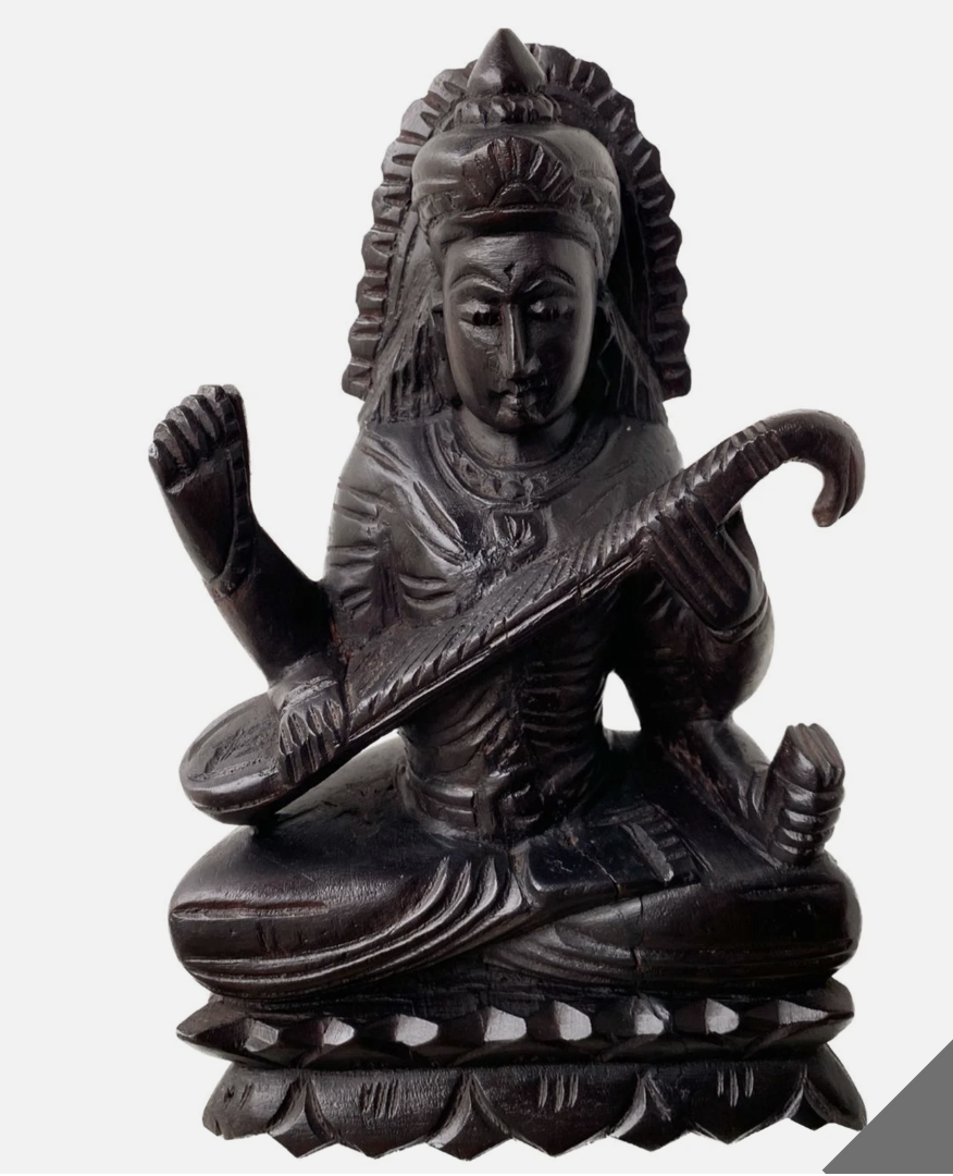 Hand-carved Mahogany Wooden Goddess Saraswati Statue