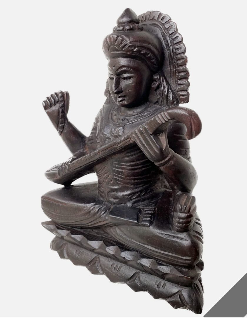 Hand-carved Mahogany Wooden Goddess Saraswati Statue