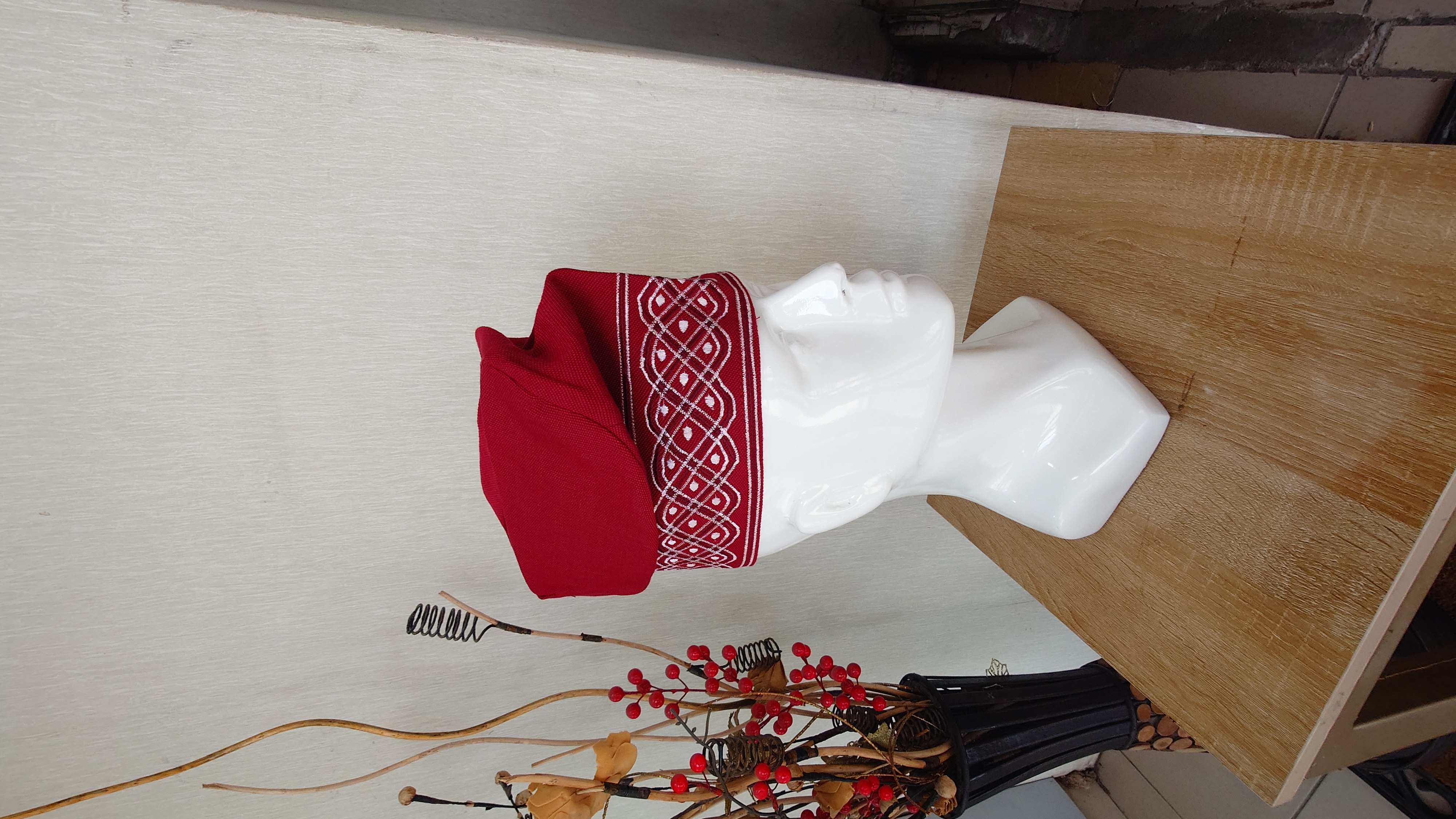 Wine colour handwoven aso-oke with embroidery 