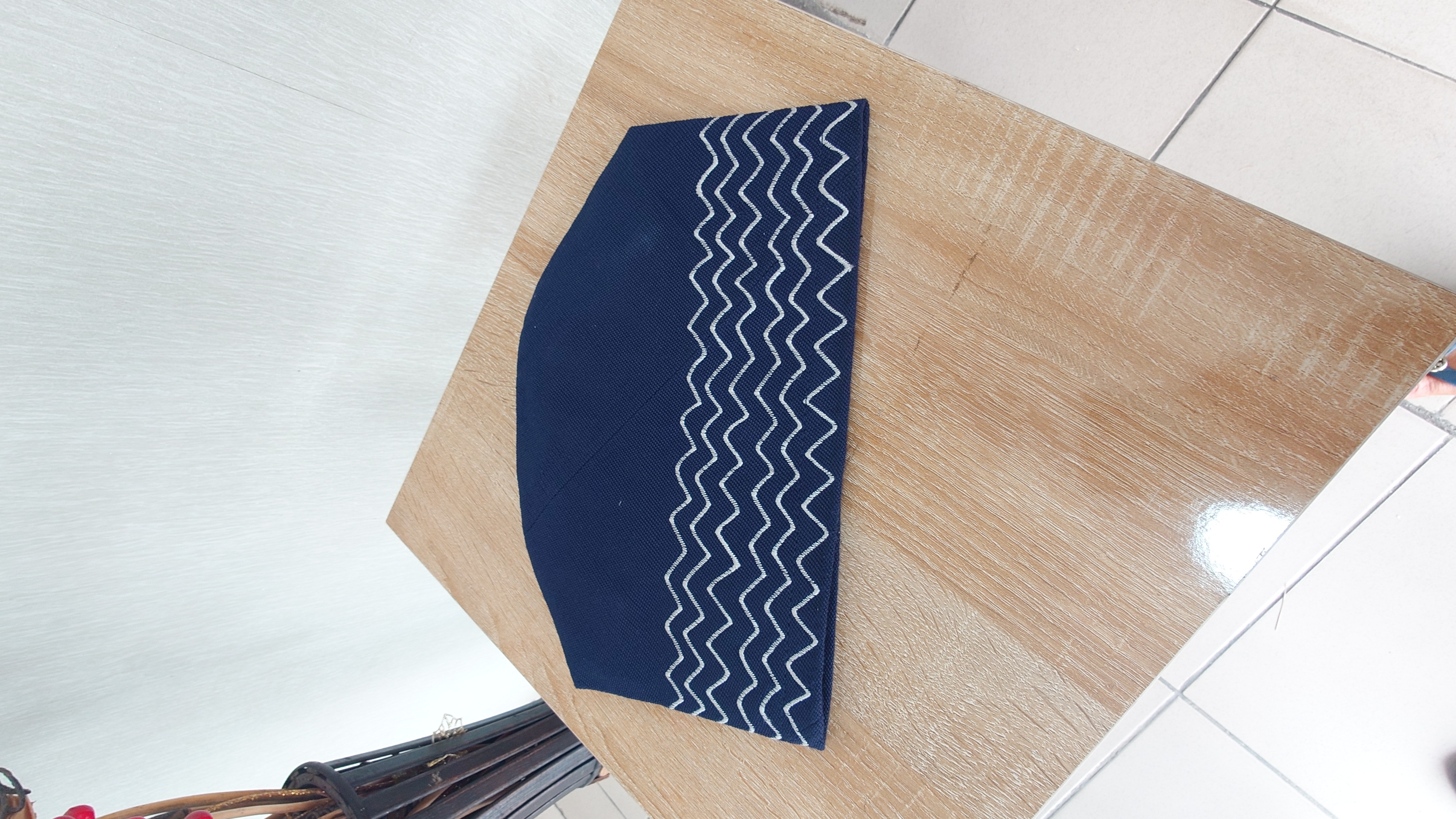 A bright navy blue colour handwoven asoke with white embroidery.  It's neatly tailored and fully lined. 