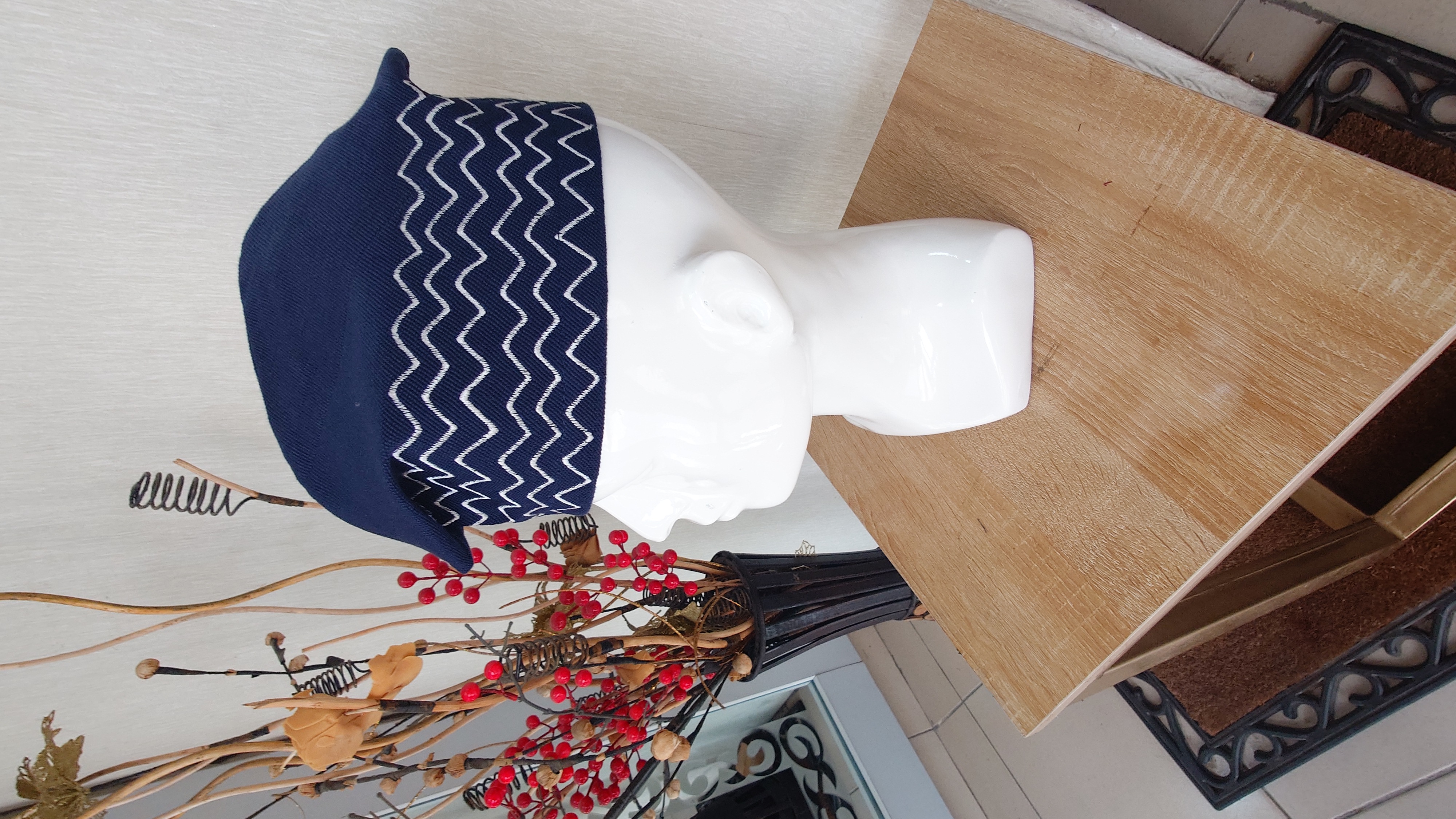A bright navy blue colour handwoven asoke with white embroidery.  It's neatly tailored and fully lined. 