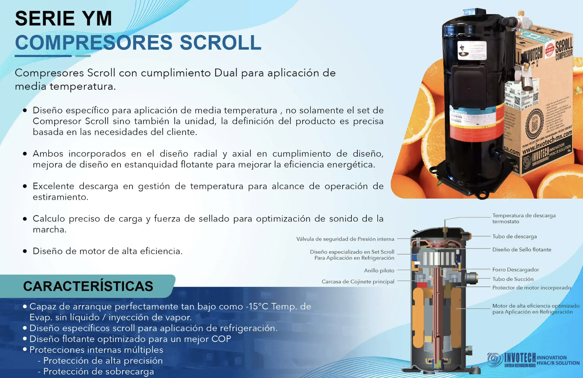 Compresor Scroll Invotech YM34E7G-100 De 2 HP 220v R404/507 De 14.800 Btu/h