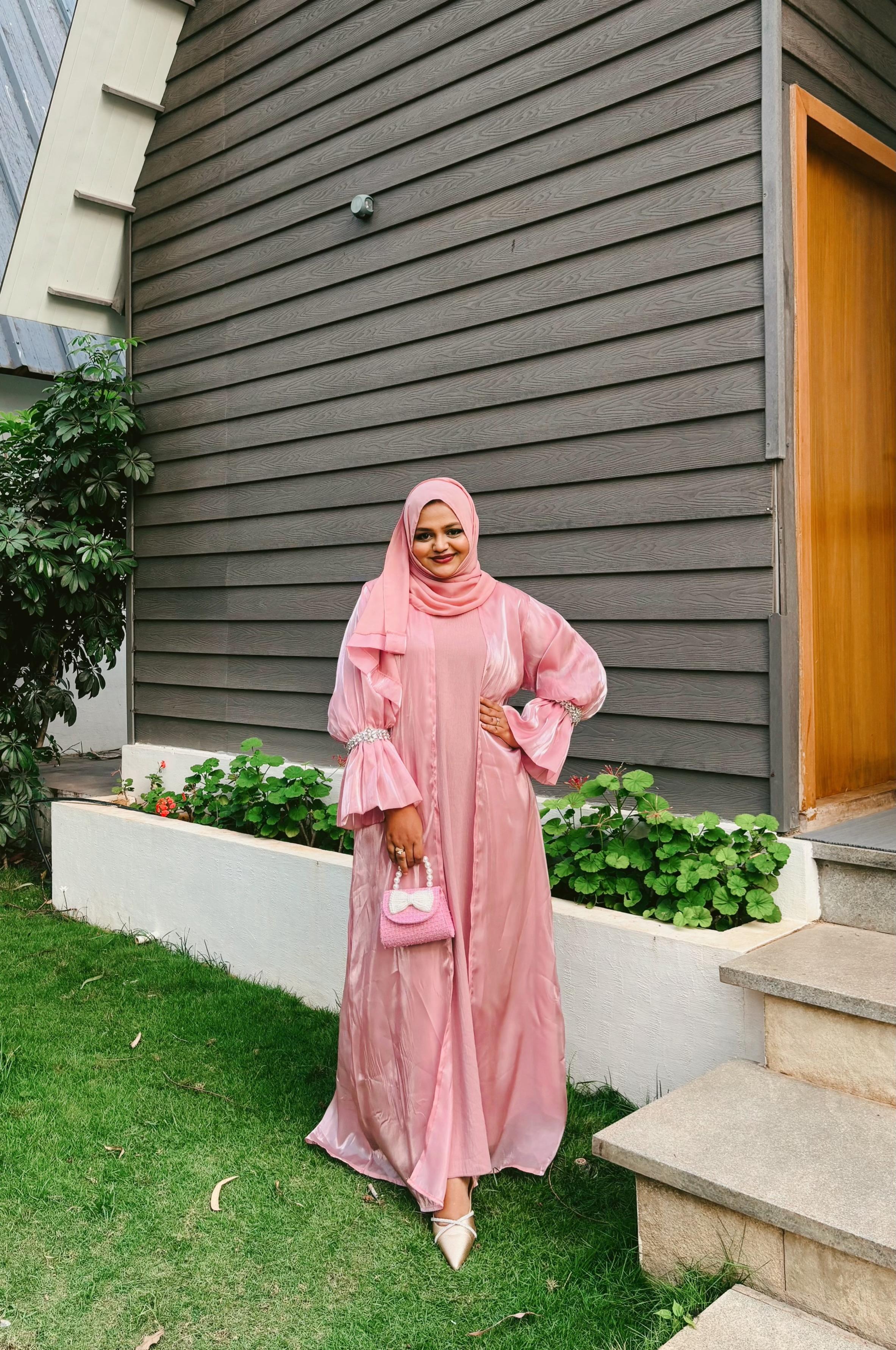 Pink organza stone abaya 