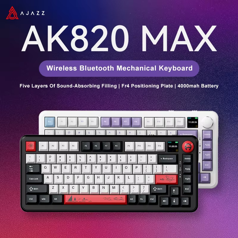 (AOW - Website Categroy) Ajazz AK820 MAX 75% Mechanical Keyboard, Gaming Keyboard with TFT Screen and Knobs, Bluetooth/Wireless/Wired Customized Keyboard | RGB Mechanical Keyboard