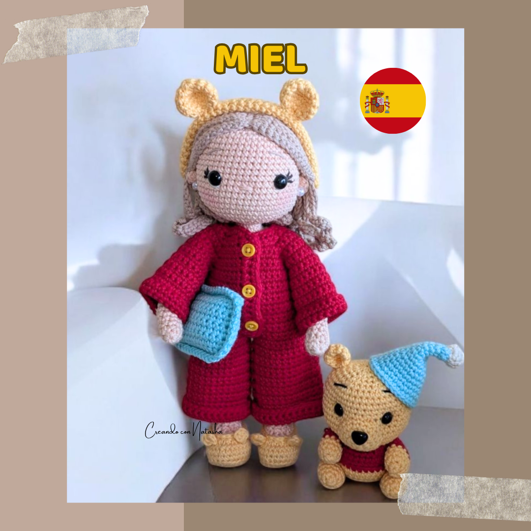 Patrón PDF – Miel, muñeca de amigurumi con osito inspirado en Winnie Pooh