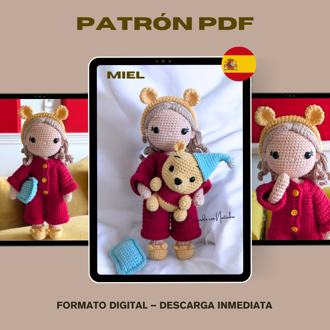 Patrón PDF – Miel, muñeca de amigurumi con osito inspirado en Winnie Pooh