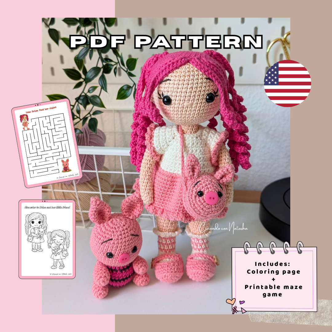 Amigurumi Doll PDF Pattern – Crochet Girl with Mini Pig – Instant Download