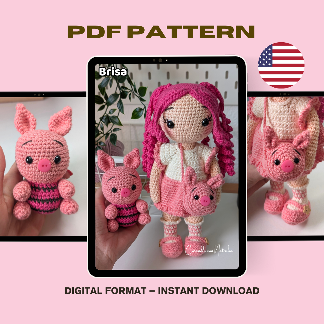 Amigurumi Doll PDF Pattern – Crochet Girl with Mini Pig – Instant Download 