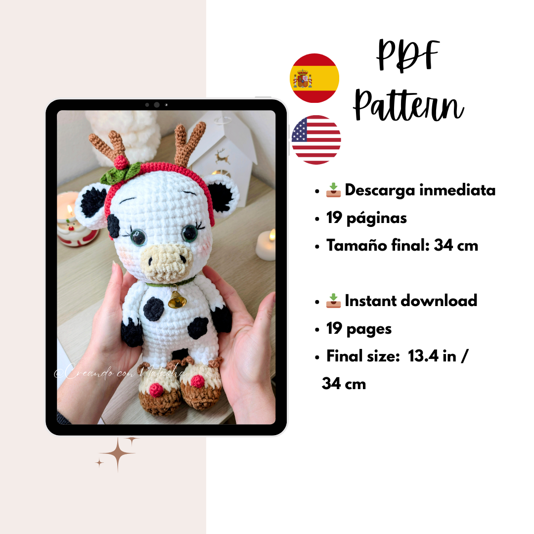 Crochet Cow Pattern – Christmas Cow Amigurumi – Velvet Yarn Plush Toy – PDF Pattern