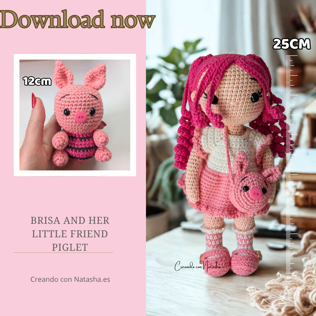 Amigurumi Doll PDF Pattern – Crochet Girl with Mini Pig – Instant Download 