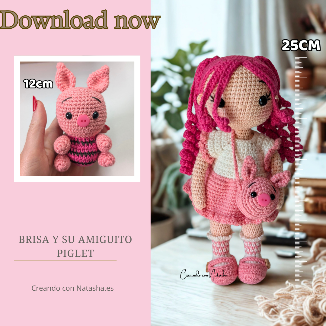 Amigurumi Doll PDF Pattern – Crochet Girl with Mini Pig – Instant Download – Patrón muñeca amigurumi en español – PDF en español e inglés