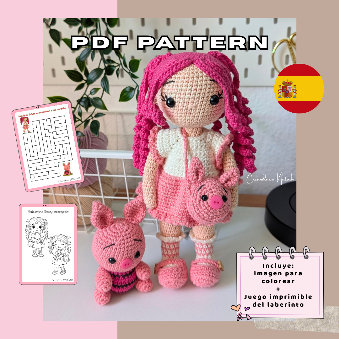 Amigurumi Doll PDF Pattern – Crochet Girl with Mini Pig – Instant Download – Patrón muñeca amigurumi en español – PDF en español e inglés