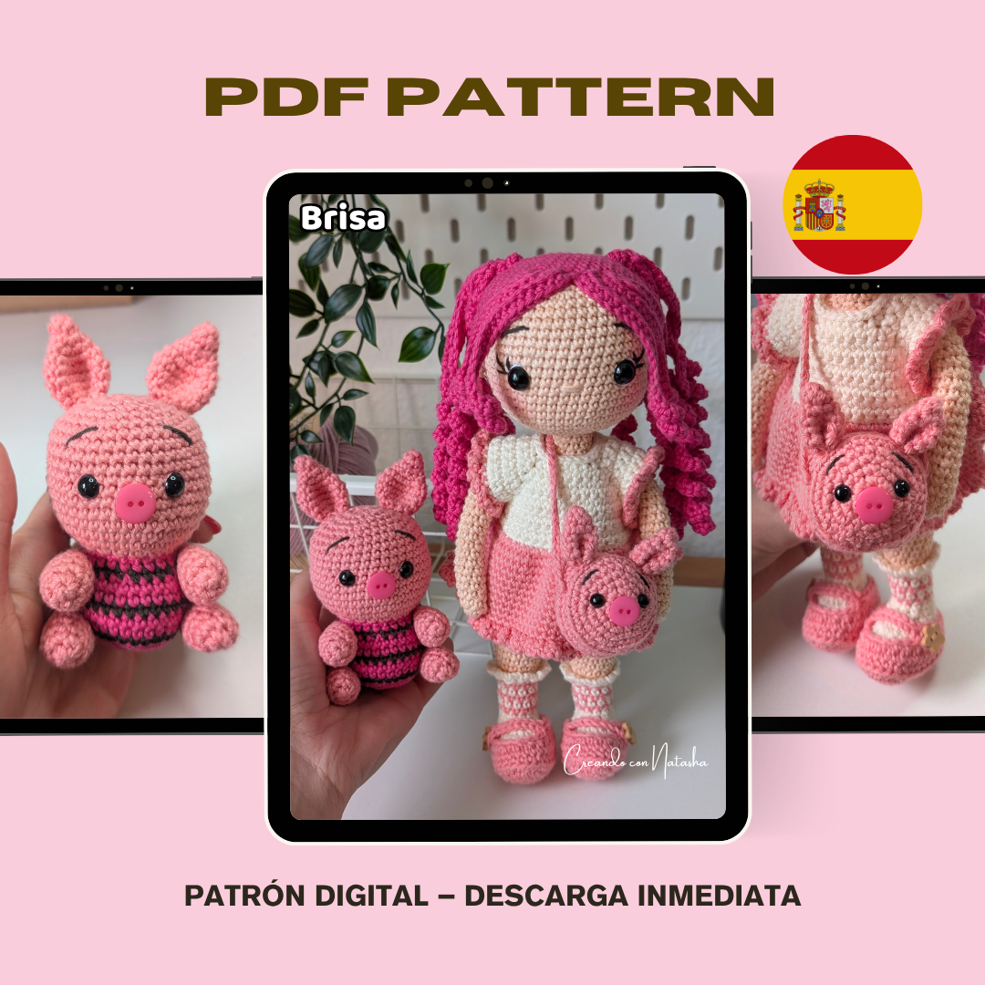 Amigurumi Doll PDF Pattern – Crochet Girl with Mini Pig – Instant Download – Patrón muñeca amigurumi en español – PDF en español e inglés