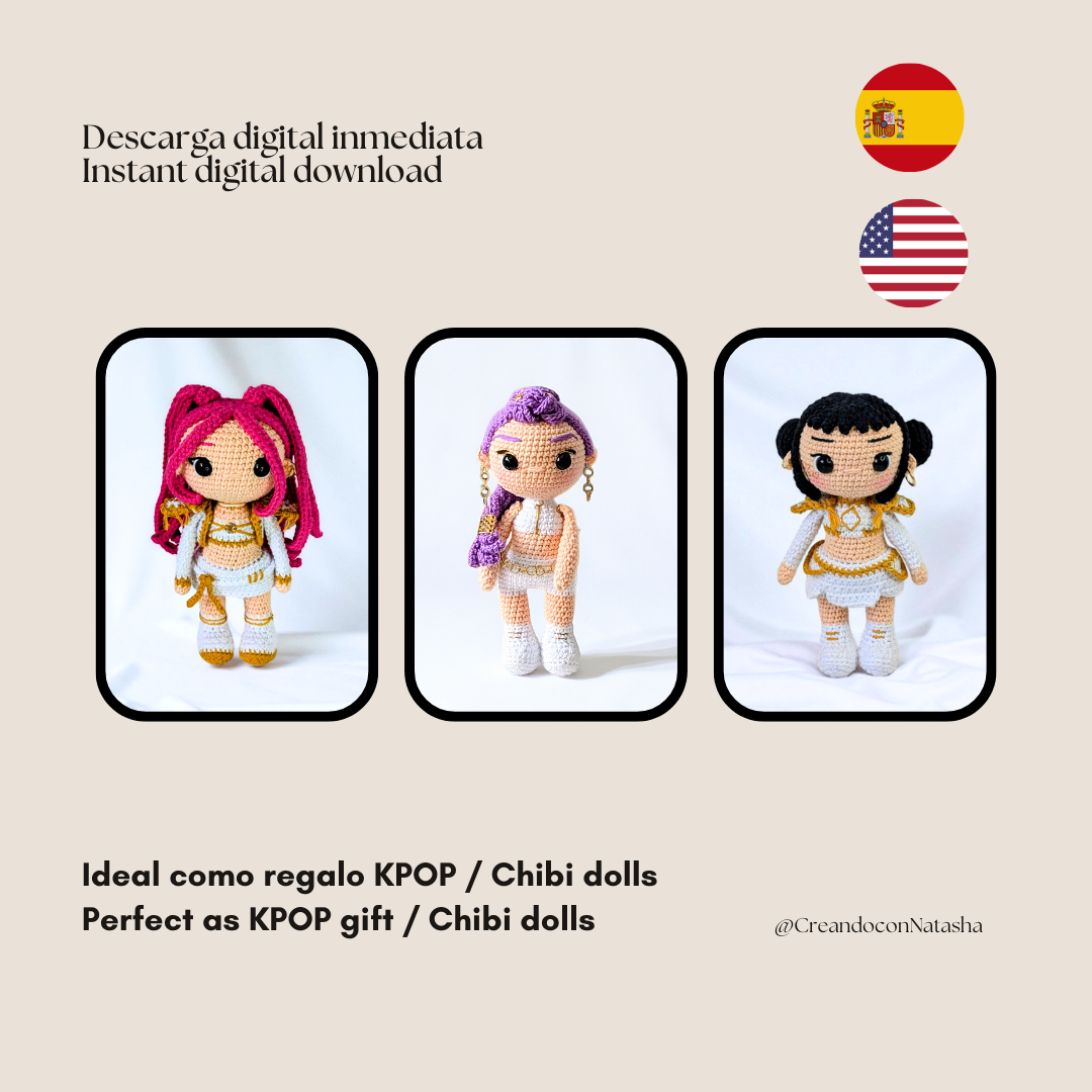 Crochet pattern bundle kpop demon hunters Rumi, Zoey, Mira chibi dolls pdf digital download