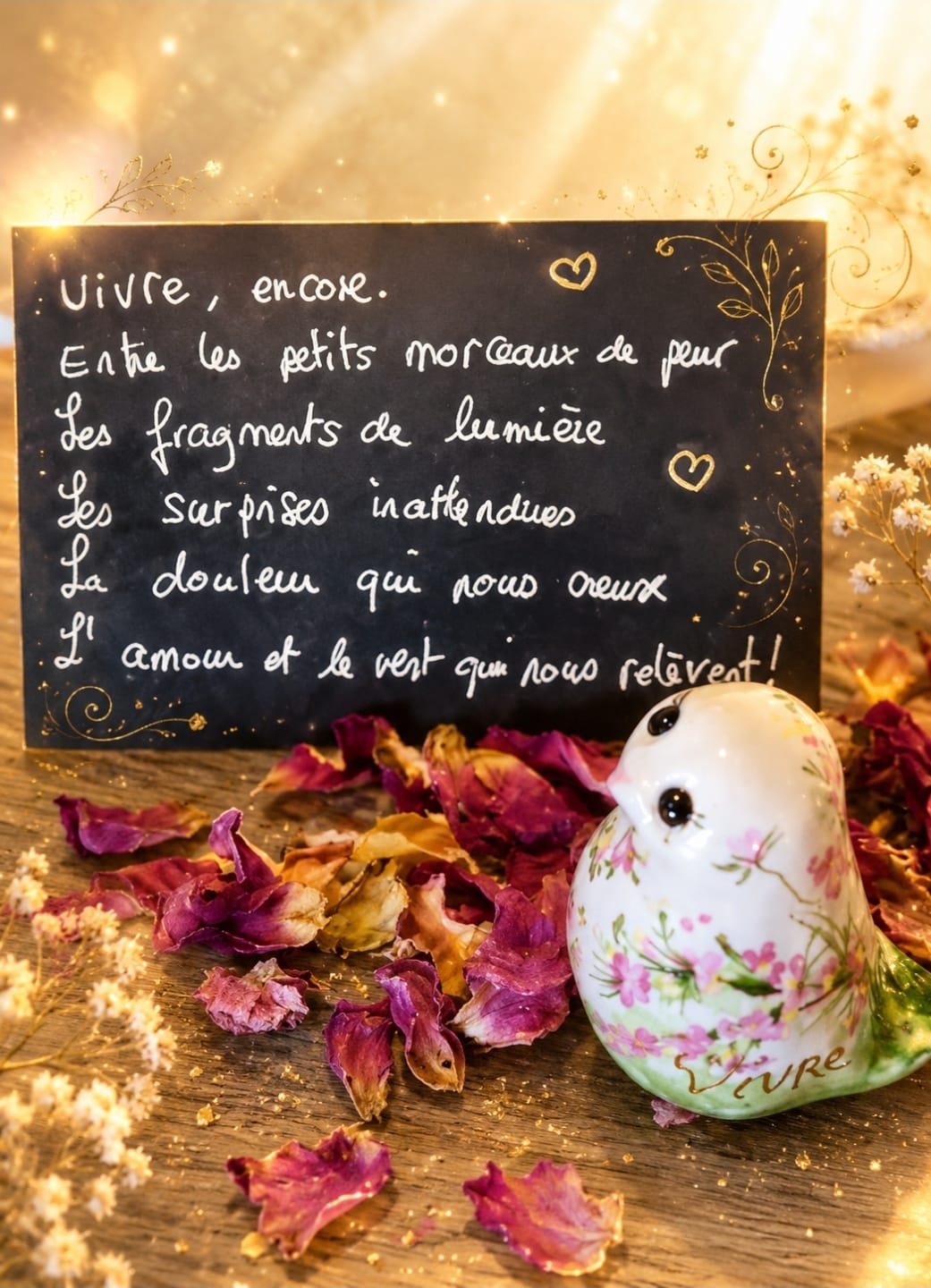 Acte 2 scène 1. La vie est un théâtre.  Oiseau messager et sa carte et ses fleurs séchées